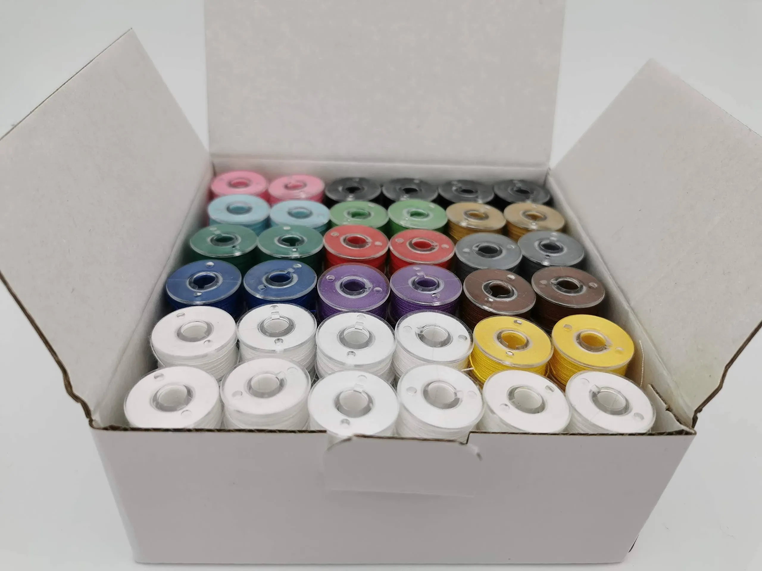 DOUBLELIN 144pcs Multi-Colors Prewound Bobbins Size A, 40S/2 Spun Polyester Thread 34wt, Plastic Sided, Size A, Class 15, 15J, SA156, 11 Colors by 8pcs per Color, 16pcs Black and 40pcs White