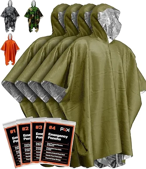 PREPARED4X Emergency Rain Poncho with Mylar Blanket Liner Survival Blankets for Car