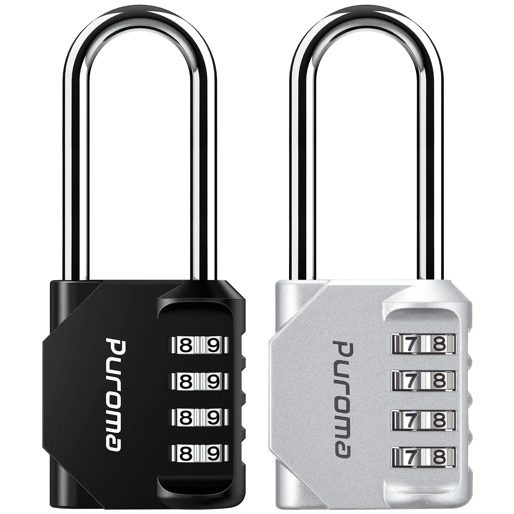 Puroma 2 Pack 2.6 Inch Long Shackle Combination Lock 4 Digit Outdoor Waterproof Padlock for School Gym Locker, Sports Locker, Fence, Gate, Toolbox, Case, Hasp Storage (Silver & Black)