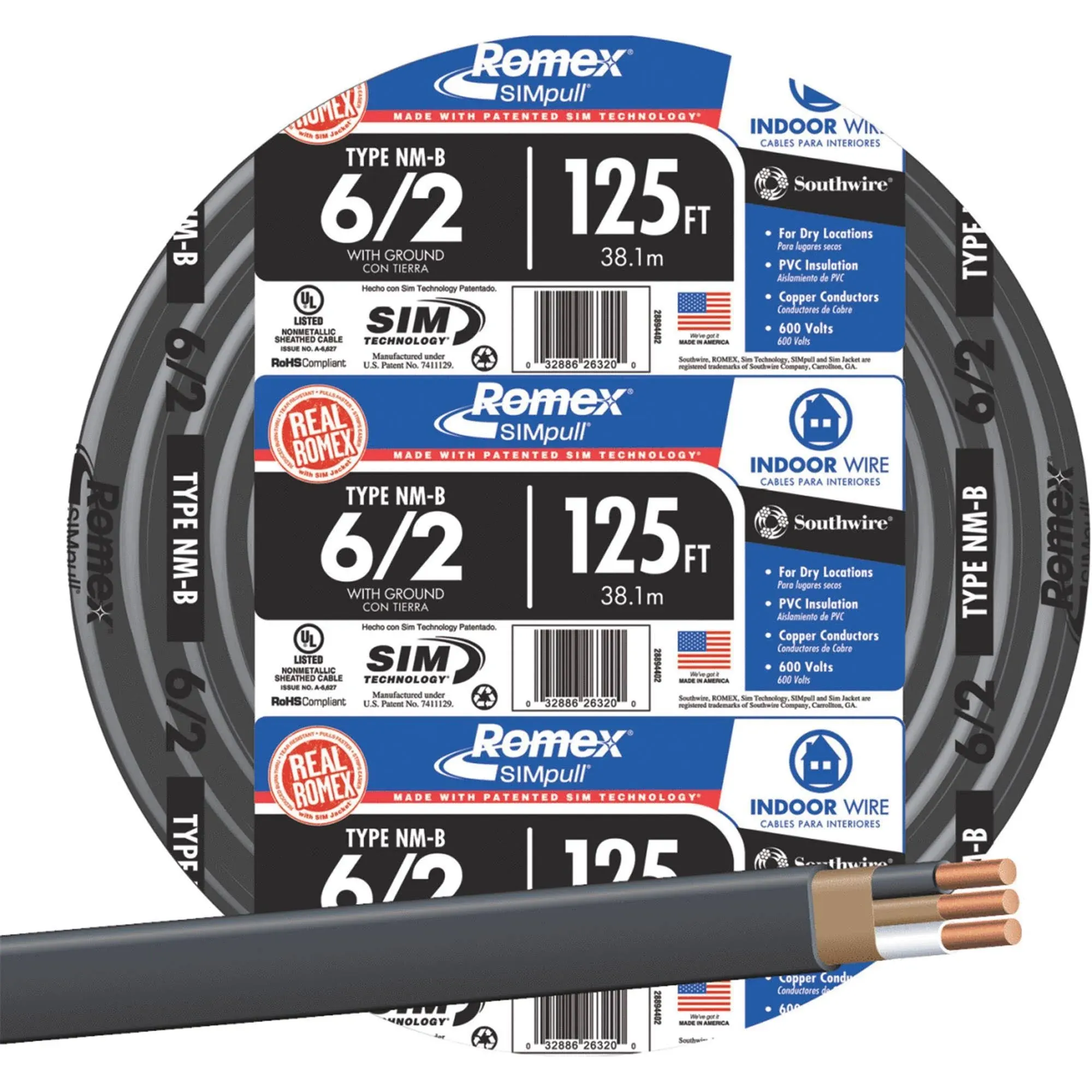 Southwire 125 ft. 6/2 Stranded Romex SIMpull CU NM-B W/G Wire - Black.