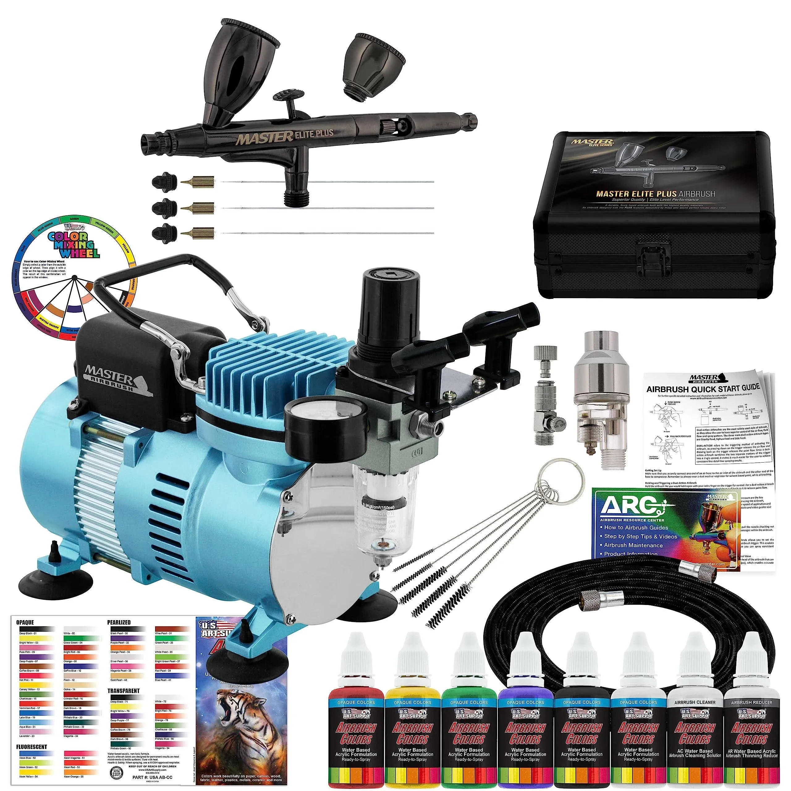 Master Airbrush Cool Runner II Dual Fan Air Compressor System Kit with Master Pro Plus Ultimate Airbrush Set with 3 Tips 0.2, 0.3 & 0.5 mm, Case, Dual