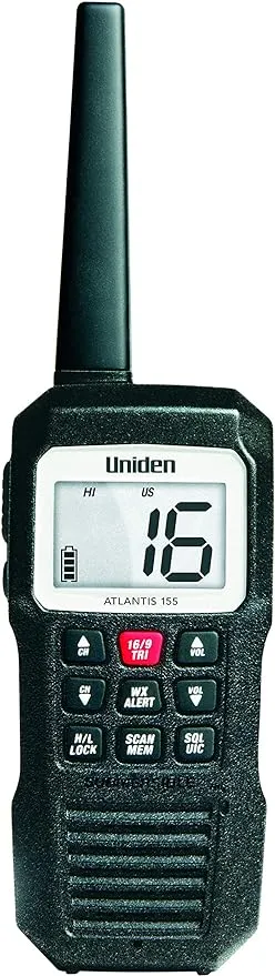 Uniden Atlantis 155 Handheld Two-Way VHF Marine Radio, Floating IPX8 Submersible Waterproof, Dual-Color Screen, All USA/International/Canadian Marine Channels, NOAA Weather Alert, 10 Hour Battery