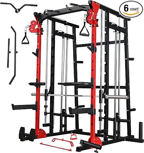 MAJOR LUTIE Smith Machine, All-in-One Home Gym Power Cage with Smith Bar and Two LAT Pull-Down Systems and Cable Crossover Machine for Home Gym