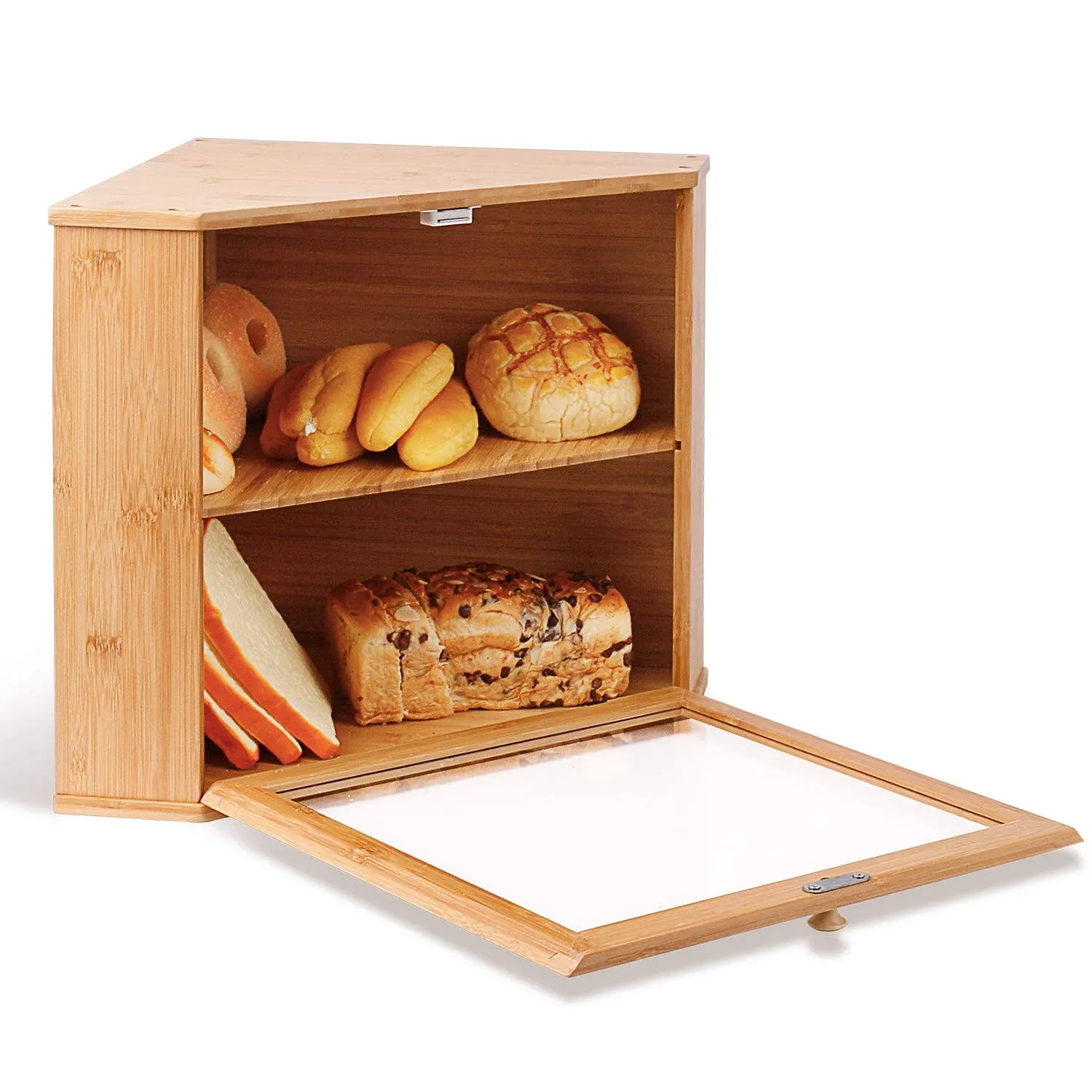 Corner Bread Box Kitchen Counter Storage Solutions Double Layers Large Bamboo