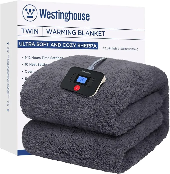 Westinghouse Electric Blanket Twin Size, Soft Plush Sherpa Heated Blanket with 10 Heating Levels & 1-12 Hours Auto-Off, Machine Washable, 62x84 inches, Darkgrey