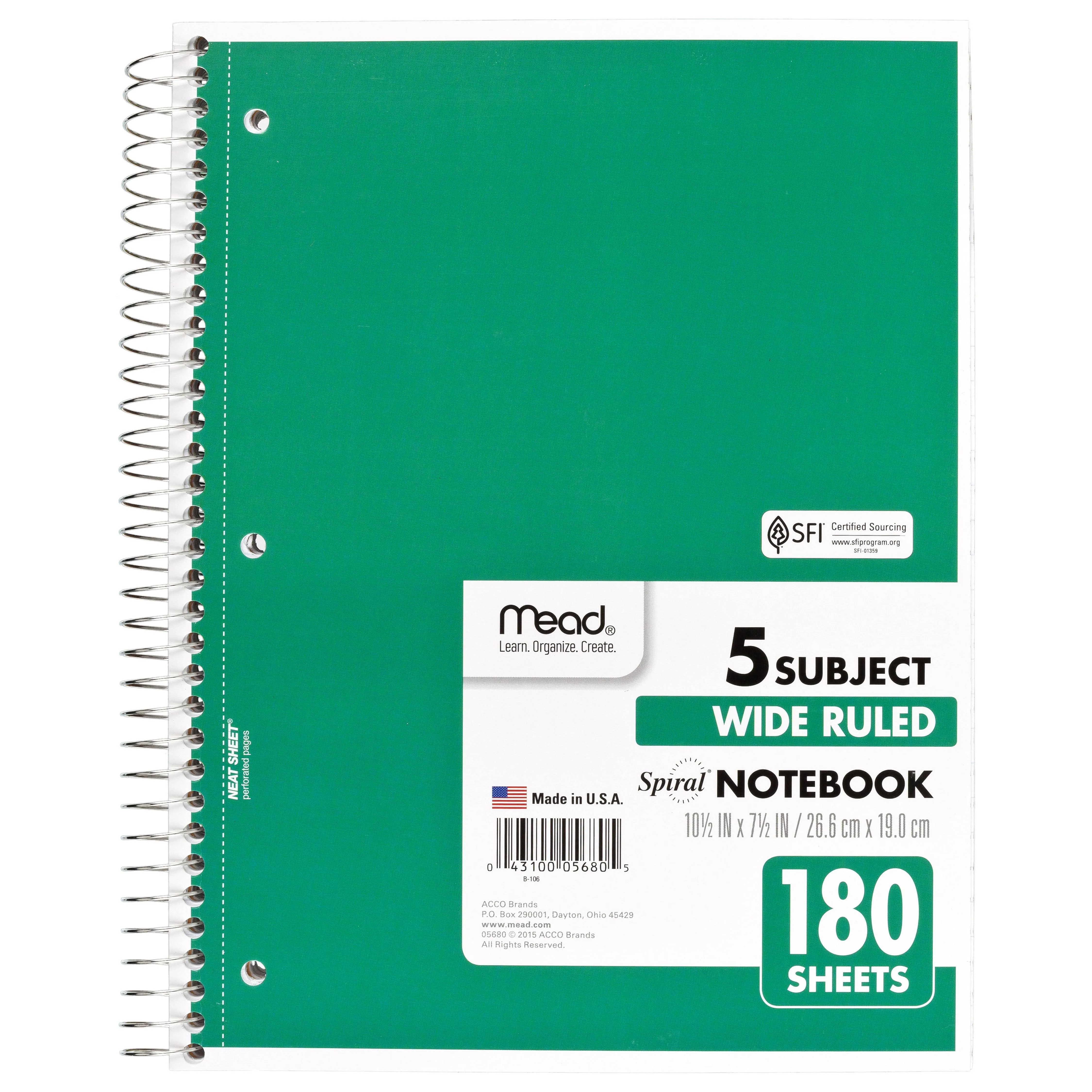 Mead Spiral Notebook 5 Subject Wide, Green