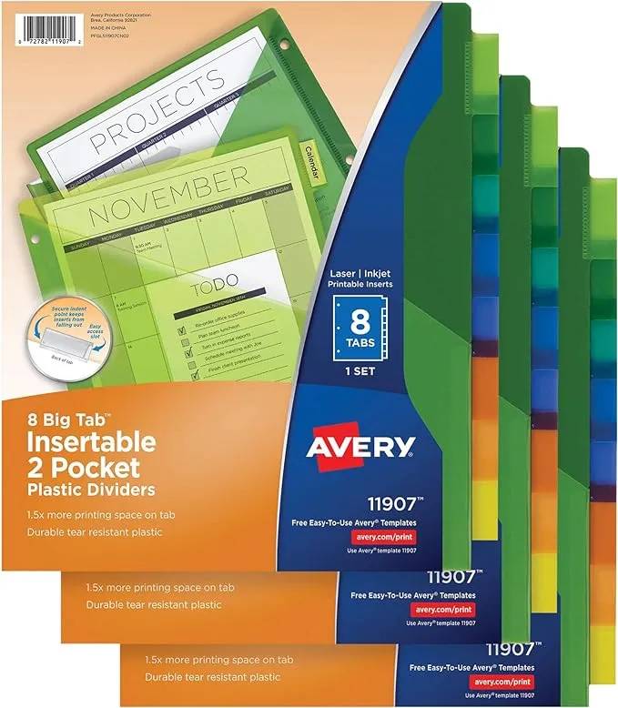 Avery Dividers for 3 Ring Binders, 8-Tab Binder Dividers, Two-Pocket Plastic Binder Dividers, Insertable Big Tabs, Multicolor, 3 Sets (71907)