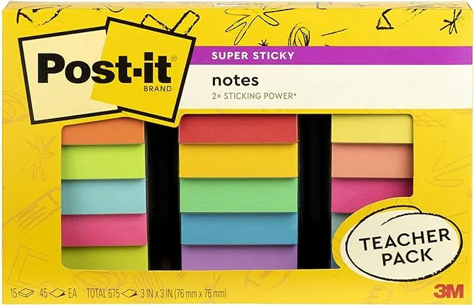 Post-it Super Sticky Notes Teacher Pack, Assorted Colors, 3 in. x 3 in., 15 Pads/Pack, 45 Sheets/Pad (654-15SSBTS-SR)