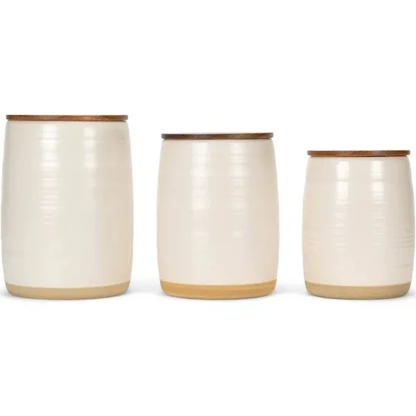 Nat & Jules Lidded Cream 6 inch Ceramic and Wood Kitchen Canisters Set of 3