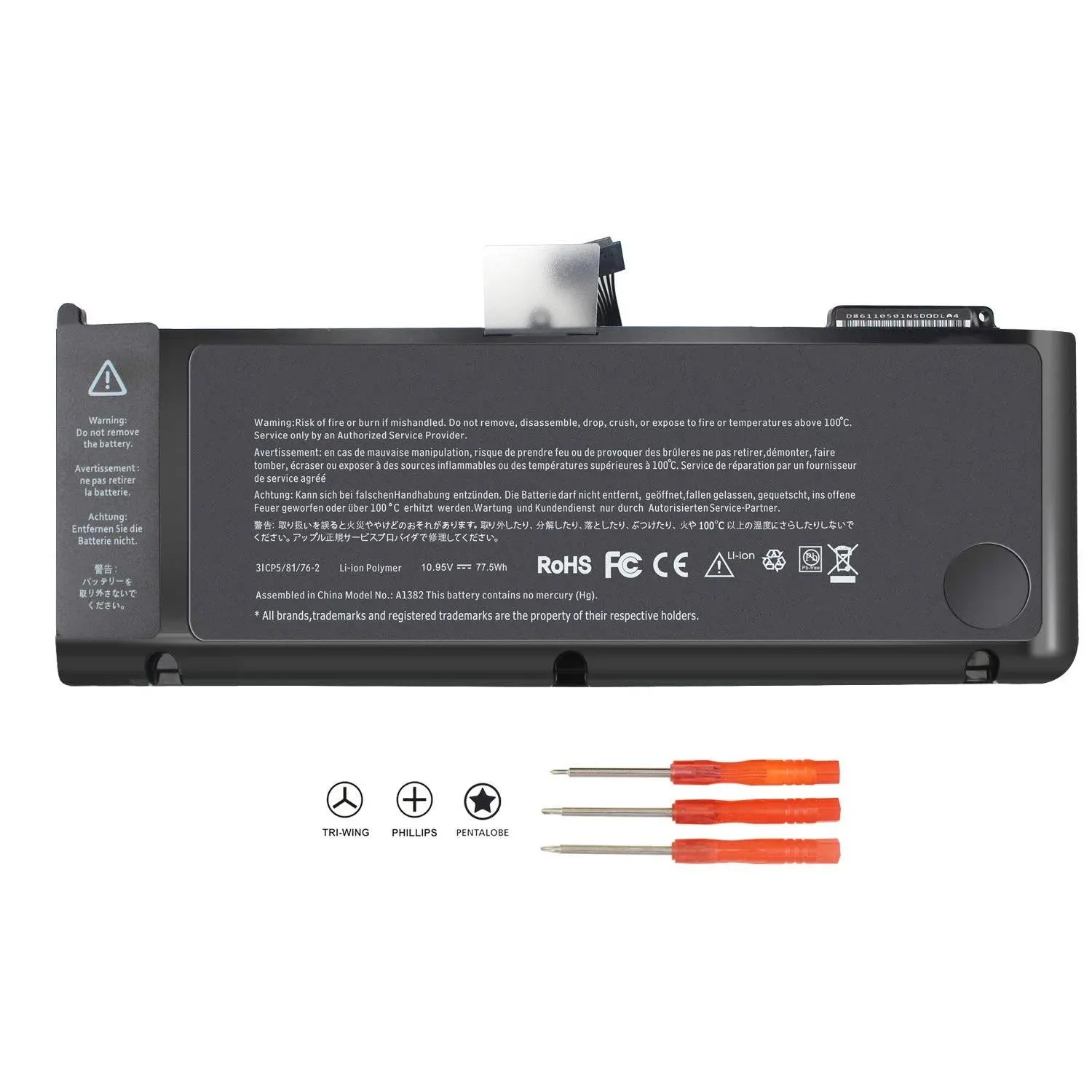 A1382 Laptop Battery for MacBook Pro 15 inch (only for Early/Late 2011, Mid 2012) A1286 MC721LL/A MC723LL/A 661-5844 020-7134-A[10.95V 77.5WH]