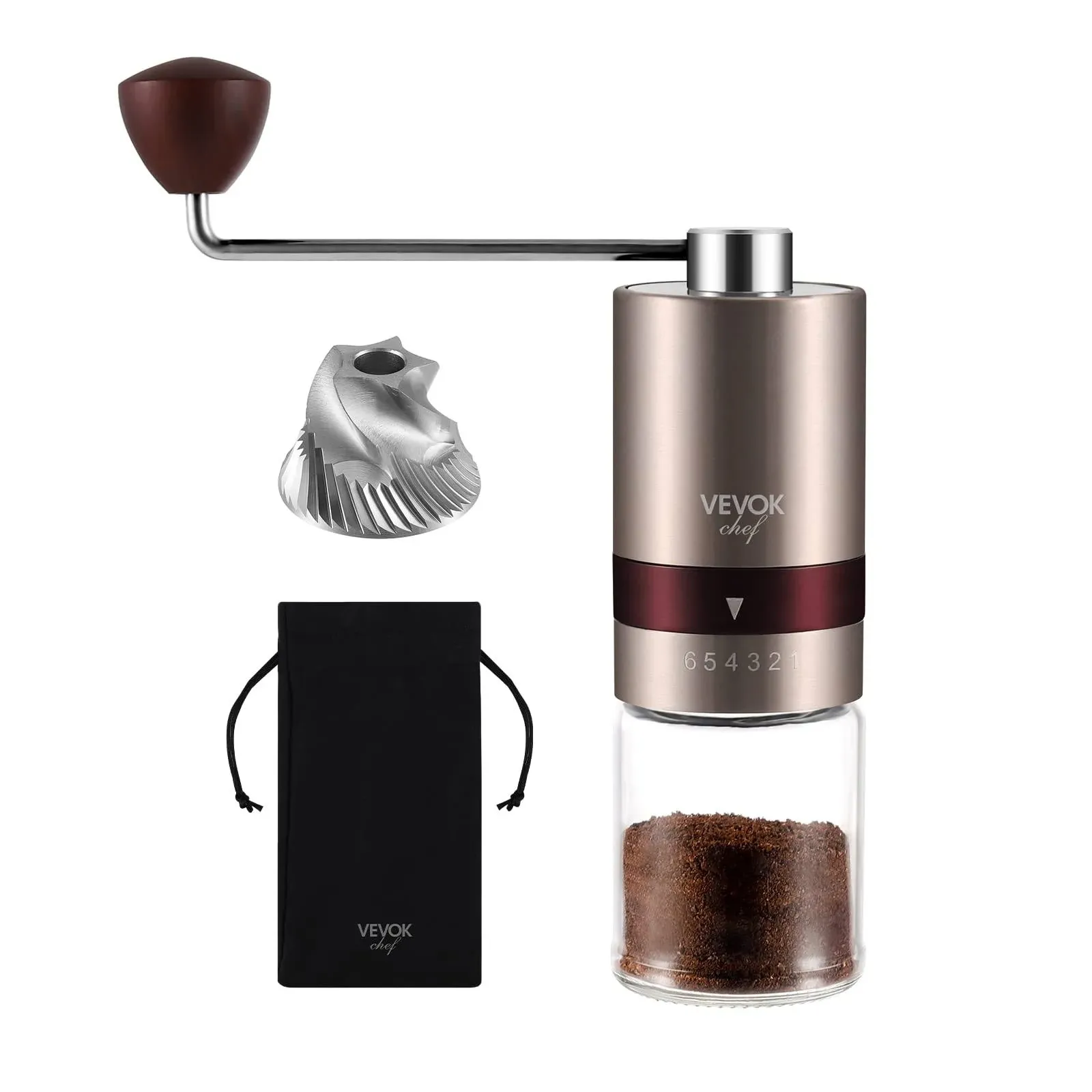 VEVOK Chef Gold Manual Coffee Grinder Stainless Steel Burr Coffee Grinder with Portable Bag External Adjustable Setting Small Hand Coffee Grinder Ultr