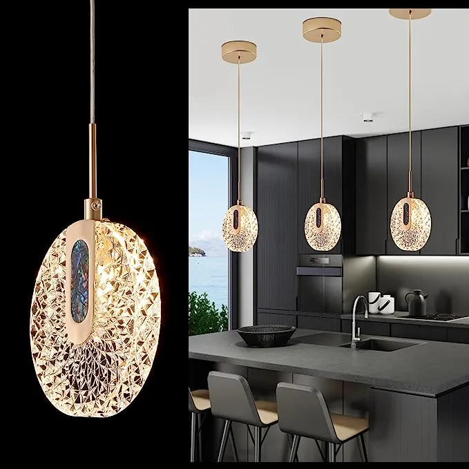 Modern Mini Pendant Light Kitchen Island 3-Pack, 7.4in 3-Color Gold Acrylic LED Light Fixtures, Small Pendant Lighting Hanging Ceiling Light for Dining Room Bedroom Bedside