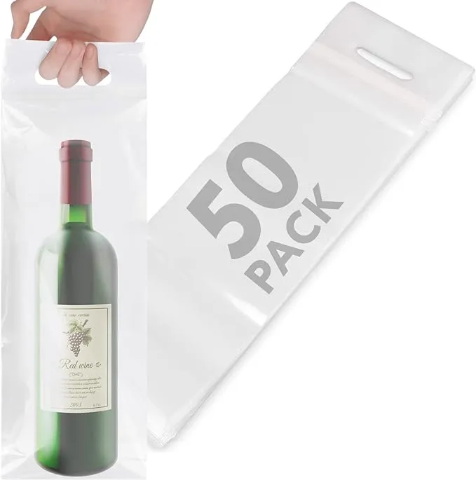 IMPRESA - Clear Plastic To Go Wine Bags with Handles - 50 Pack - Great for Restaurants, Bars, Travel, and Housewarming Gifts - Fits 25 oz Bottles - Tamper Proof Seal