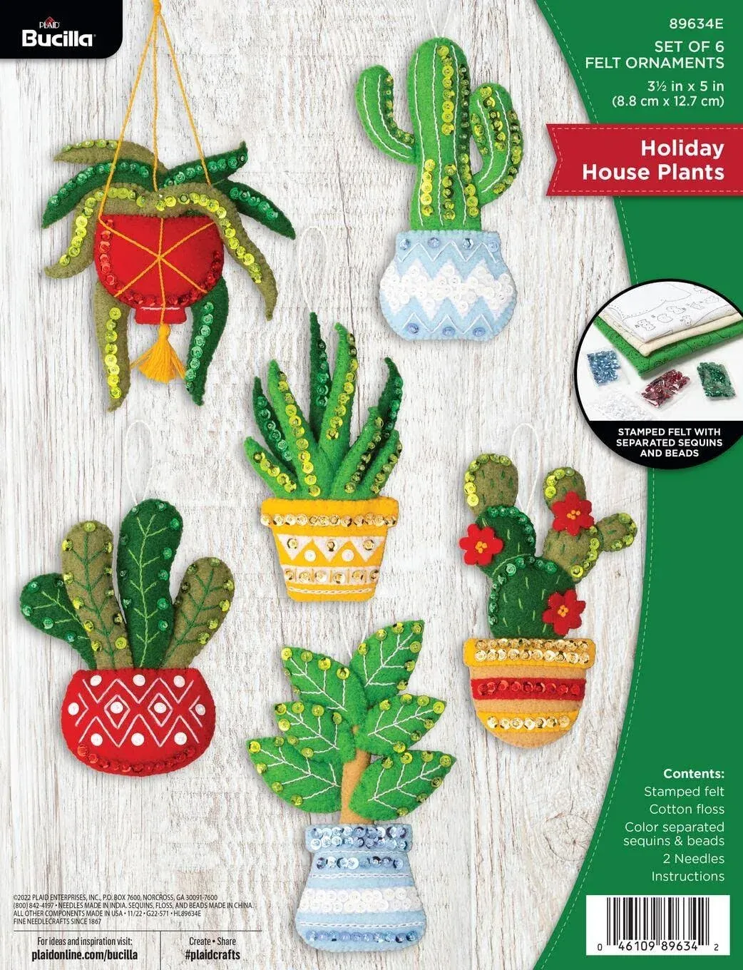 Bucilla Felt Applique 6 Piece Ornament Making Kit, House Plants, Perfect for DIY Arts and Crafts, 89634E, Holiday Houseplants