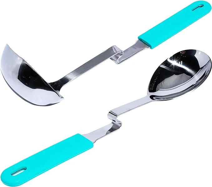 Souper Cubes + Lori Greiner No Mess Silicone Handle Stainless Steel Ladle and Serving Spoon Set - Kitchen Utensils for Cooking and Serving - Aqua Color - 2 Piece Set Spouted Ladle and Spoon