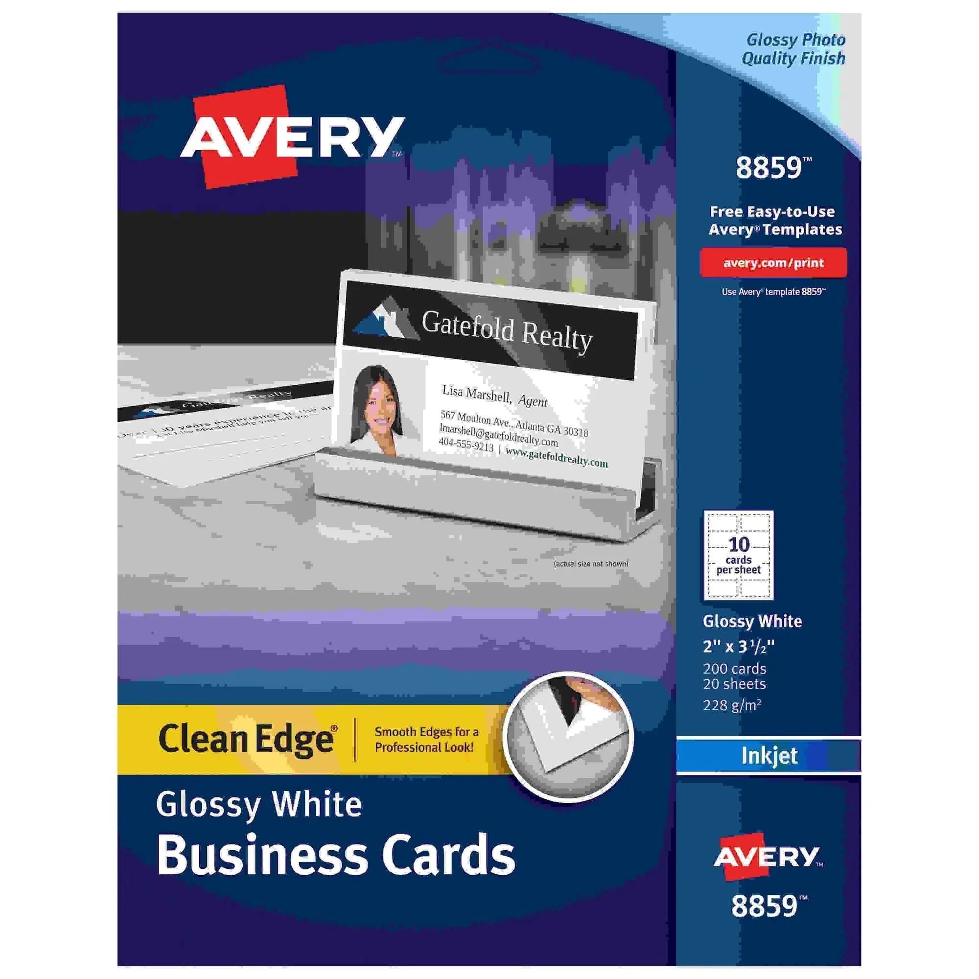 Avery Clean Edge Business Cards, Inkjet, 2 x 3 1/2, Glossy White, 200/Pack