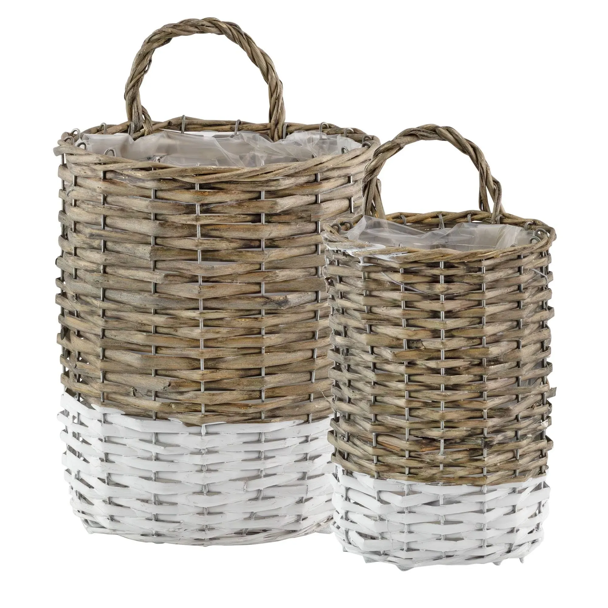 AuldHome Wall Hanging Baskets (Set of 2, Gray w/White); Woven Wicker Rustic ...