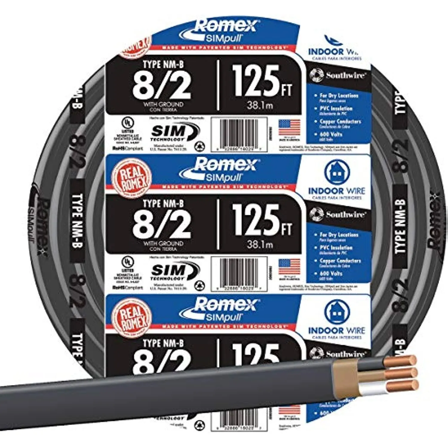 Southwire 8/2NM-WGX125 Sheathed Cable, 8 AWG Wire, 2 -Conductor, 125 ft L, Copper Conductor, PVC Insulation