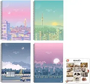 Cute Korean Aesthetic Blank Unlined Spiral Planning Drawing Notebook/Journal for girls, Women, College, School - 90p each, 7.4” x 10.2”, 4 Count (cocktail lights, enchanted, last bus, still awake)