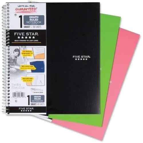 Five Star Wirebound 1 Subject Notebooks, Assorted Colors - 100 Sheets