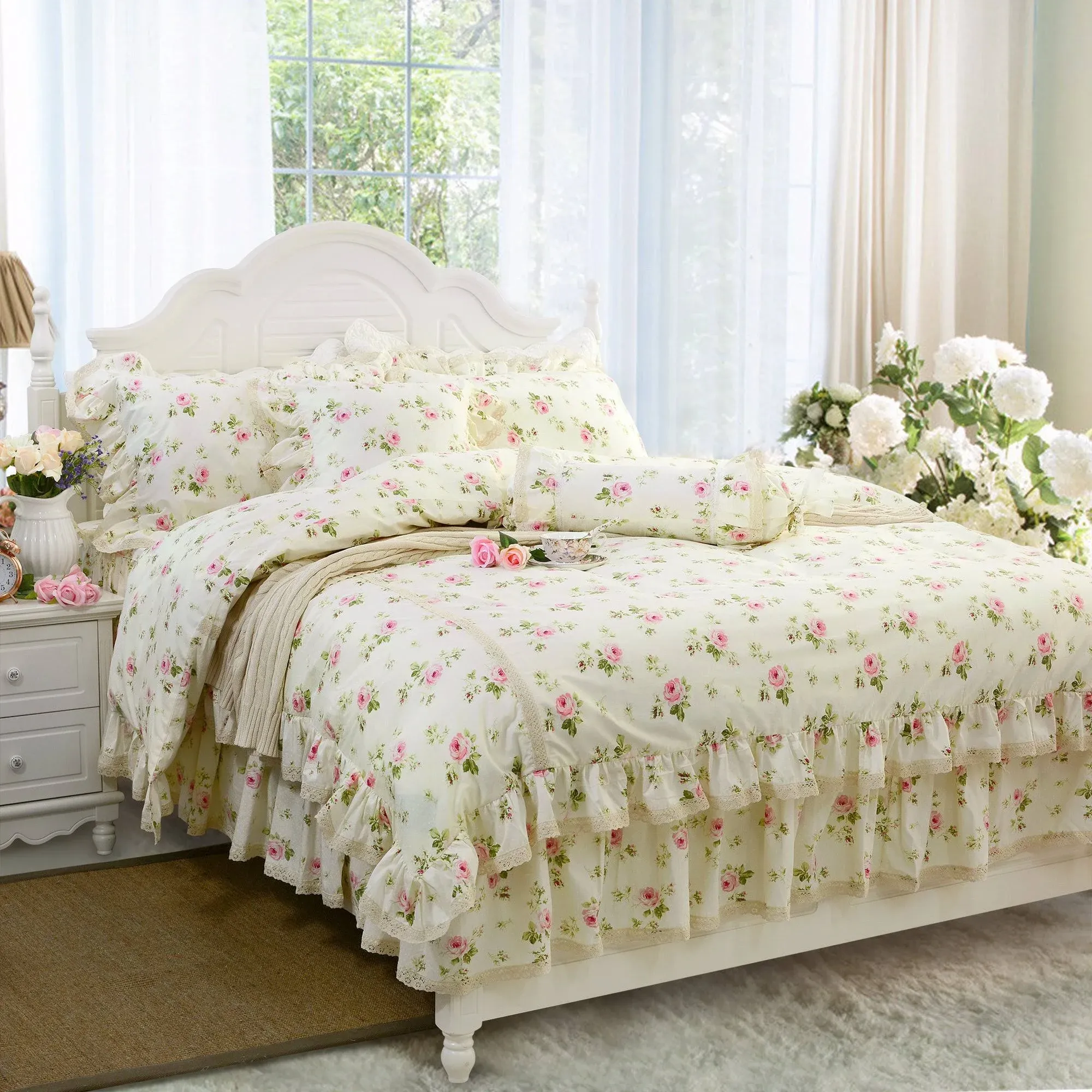 FADFAY Rosette Floral Print Duvet Cover Set Princess Lace Ruffle Bedding Set for ...