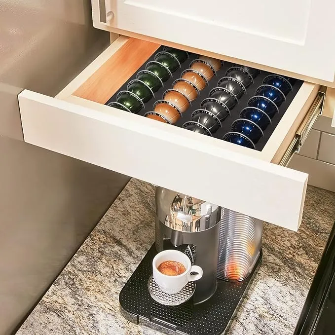 Coffee Capsule Storage Drawer Tray,Drawer Insert Organizer Holds 48 Pods Compatible with Nespresso Vertuo Vertuoline Capsules for Kitchen,Home,Office(Waterproof/Washable),Foam,Black