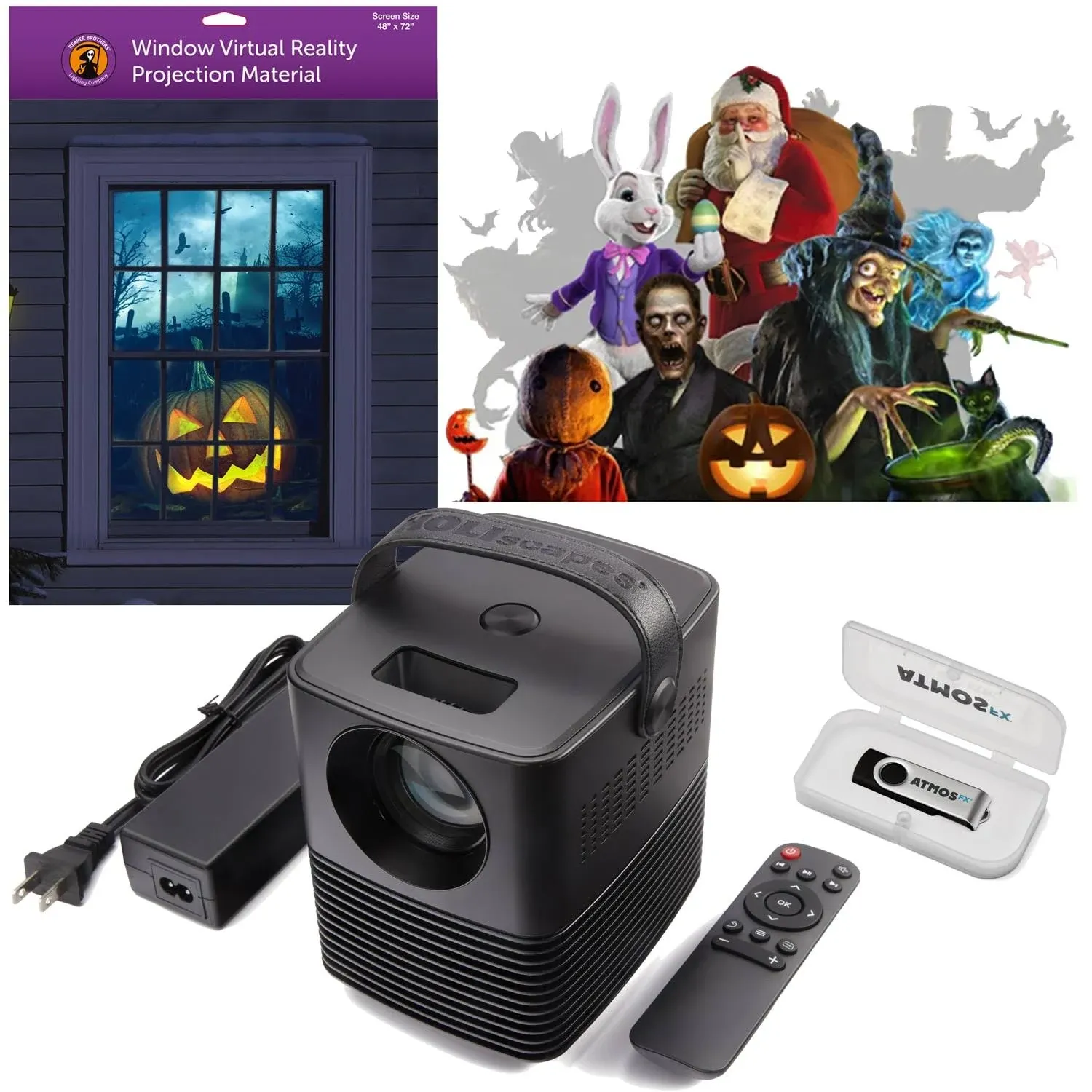 Reaper Brothers Holiday Digital Decoration Kit Includes 16 AtmosFX Video Effects for Halloween Christmas and More Plus HD Super Bright Projector