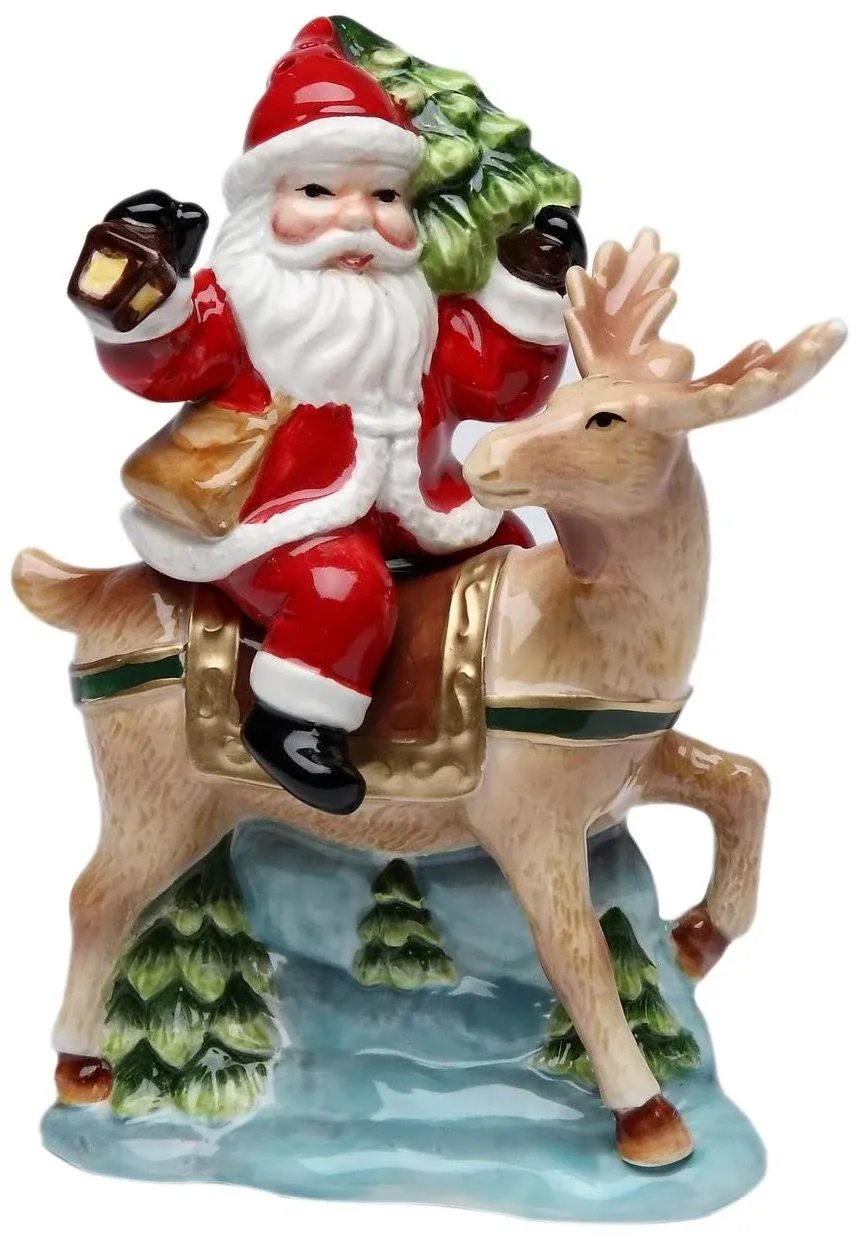 Ceramic Christmas Santa Claus Riding Reindeer Salt and Pepper Shakers Decor