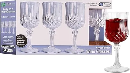 PARTY BARGAINS 4 Crystal-Like Wine Glasses (8oz) - Clear Shatterproof Elegant Hard Plastic Wine Glass with Stem, for Pool Parties, Outdoors, Receptions, Weddings