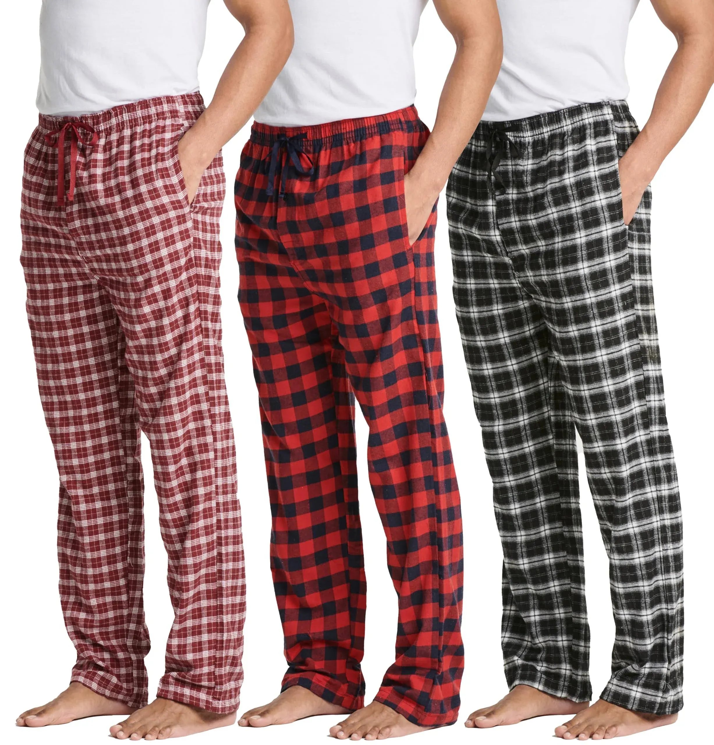 Real Essentials 3 Pack: Men's Pajama Pants - Knit Cotton Flannel Plaid Lounge ...