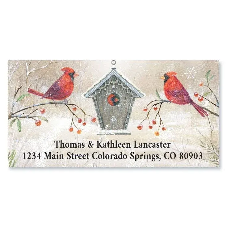 Cardinal Winter Christmas Personalized Deluxe Return Address Labels- Set of 144 1-1/8" x 2-1/4" Self-Adhesive, Flat-Sheet Labels, by Colorful Images