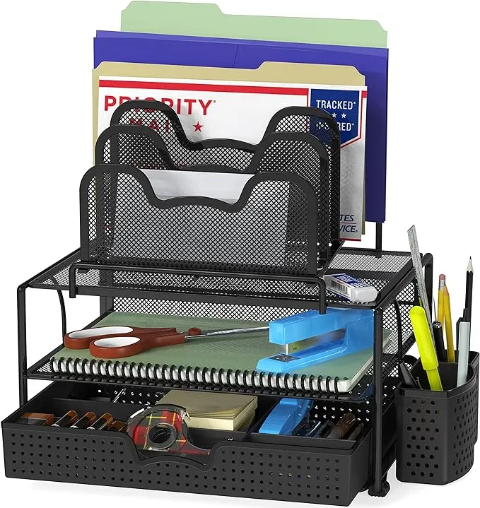 SimpleHouseware Mesh Desk Organizer with Sliding Drawer, Double Tray and 5