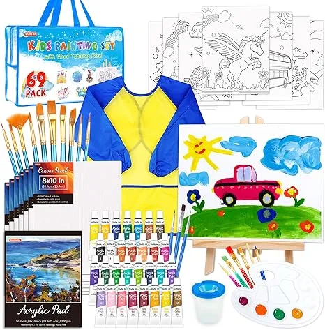 69 Pack Kids Paint Set, Shuttle Art Art Set for Kids with 30 Colors Acrylic Paint, Wood Easel, Canvas, Painting Pad, Brushes, Palette and Smock, Complete Paint Set for Boys and Girls(package may very)