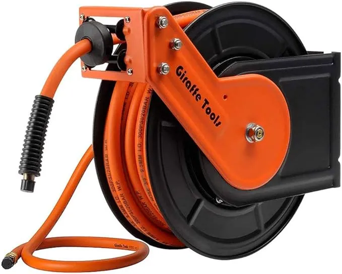 Giraffe Tools TA15 Retractable Air Hose Reel Swivel 3/8" x 50 ft Hybrid Hose, Max 300 PSI, Ceiling/Wall Mounted Heavy Duty Industrial Commercial Air Compressor Reel, 50ft, Tangelo