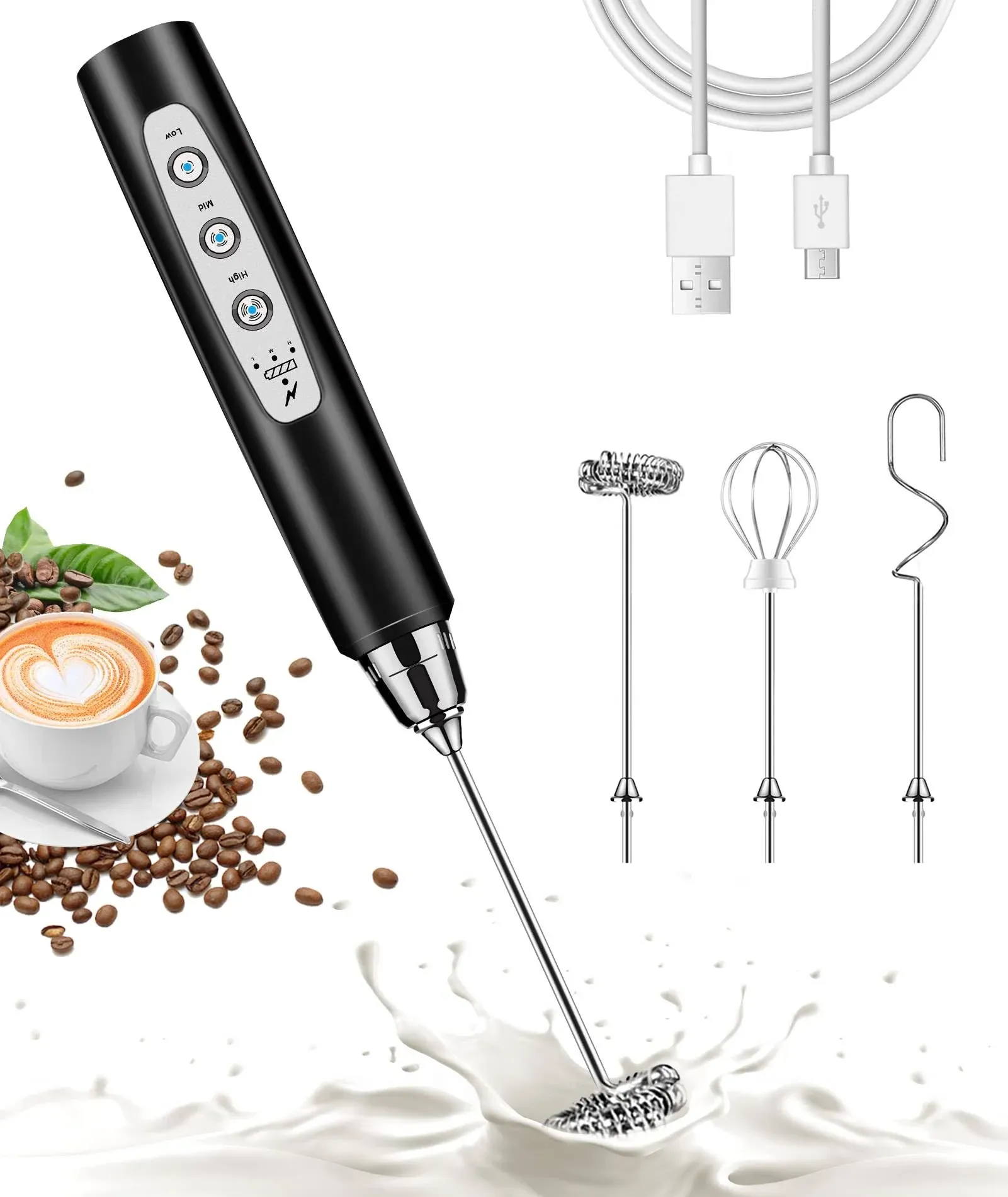 Nahida Handheld Milk Frother for Coffee, Rechargeable Drink Mixer with 3 Heads 3 Speeds Electric Whisk Coffee Frother For Latte, Cappuccino, Hot Chocolate, Egg - Black