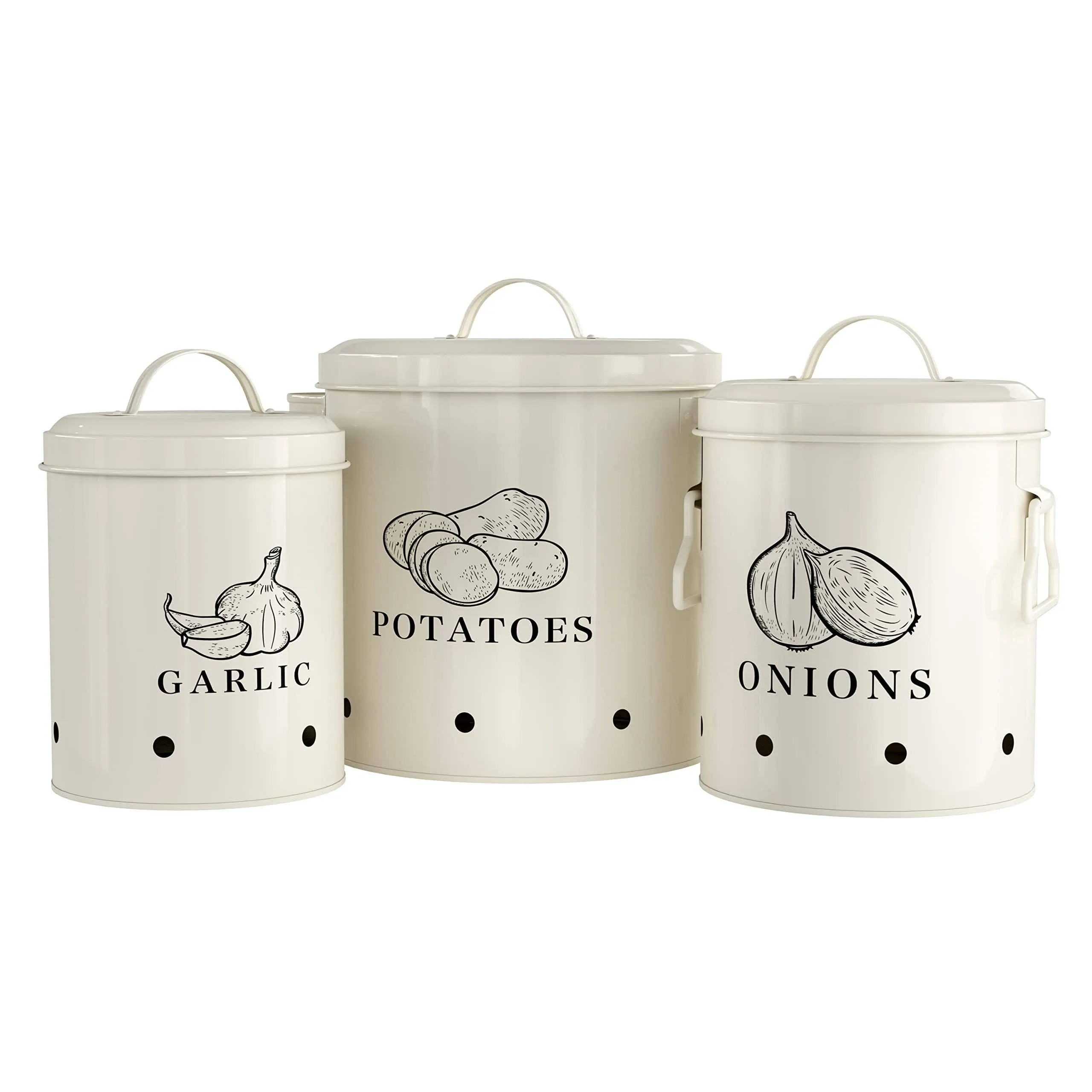 Kook Potato, Onion & Garlic Kitchen Storage Canisters, Rustic Farmhouse Containers with Aerating Holes, Vintage Vegetable Tins, Set of 3, 5 Liter, 2