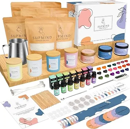 SUPMIND Candle Making Kit for Adults - Candle Making Supplies for Candle Making Starter Kits with Soy Wax, Big 7oz Jars & Tins, 9 Pleasant Scents, Color Dyes & More - Perfect for Home Decorations