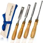 Schaaf Tools 4-Piece Wood Chisel Set | Finely Crafted Wood Chisels for Woodworking | Durable Cr-V Steel Bevel Edged Blade, Tempered to 60HRc | Tool Roll Included