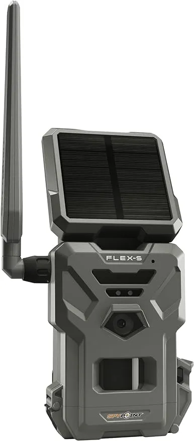 SPYPOINT Flex-S Solar Cellular Trail Camera, Integrated Panel, On-Demand Capable, LTE Connectivity, 100-foot Flash/Detection Range, 0.3S Trigger Speed, Internal Battery, Optional Battery Backup, Grey