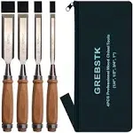 GREBSTK 9.5in Wood Chisel Set for Woodworking, 4pcs Chrome Vanadium Steel Bevel-Edge Bench Chisels with Cap, Comfortable Beech High Impact Handle, with Canvas Bag