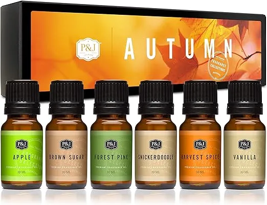 Juego Autumn de 6 aceites aromáticos de alta calidad: azúcar morena, manzana, especias de cosecha, vainilla, pino del bosque, Snickerdoodle, 0.33 fl oz (10 ml)