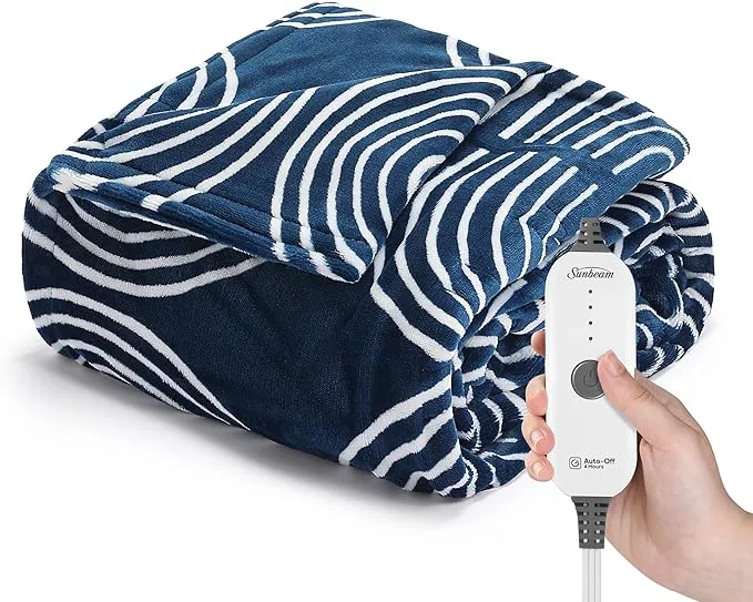 Sunbeam Ultimate Cozy Royal Posh Velvet Hand & Foot Pocket Heated Throw Electric Blanket, 50" x 72", 4 Heat Settings, 4-Hour Auto Shut-Off, Warming Throw for Couch, Machine Washable, Blue Rounds