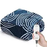 Sunbeam Ultimate Cozy Royal Posh Velvet Hand & Foot Pocket Heated Throw Electric Blanket, 50" x 72", 4 Heat Settings, 4-Hour Auto Shut-Off, Warming Throw for Couch, Machine Washable, Blue Rounds