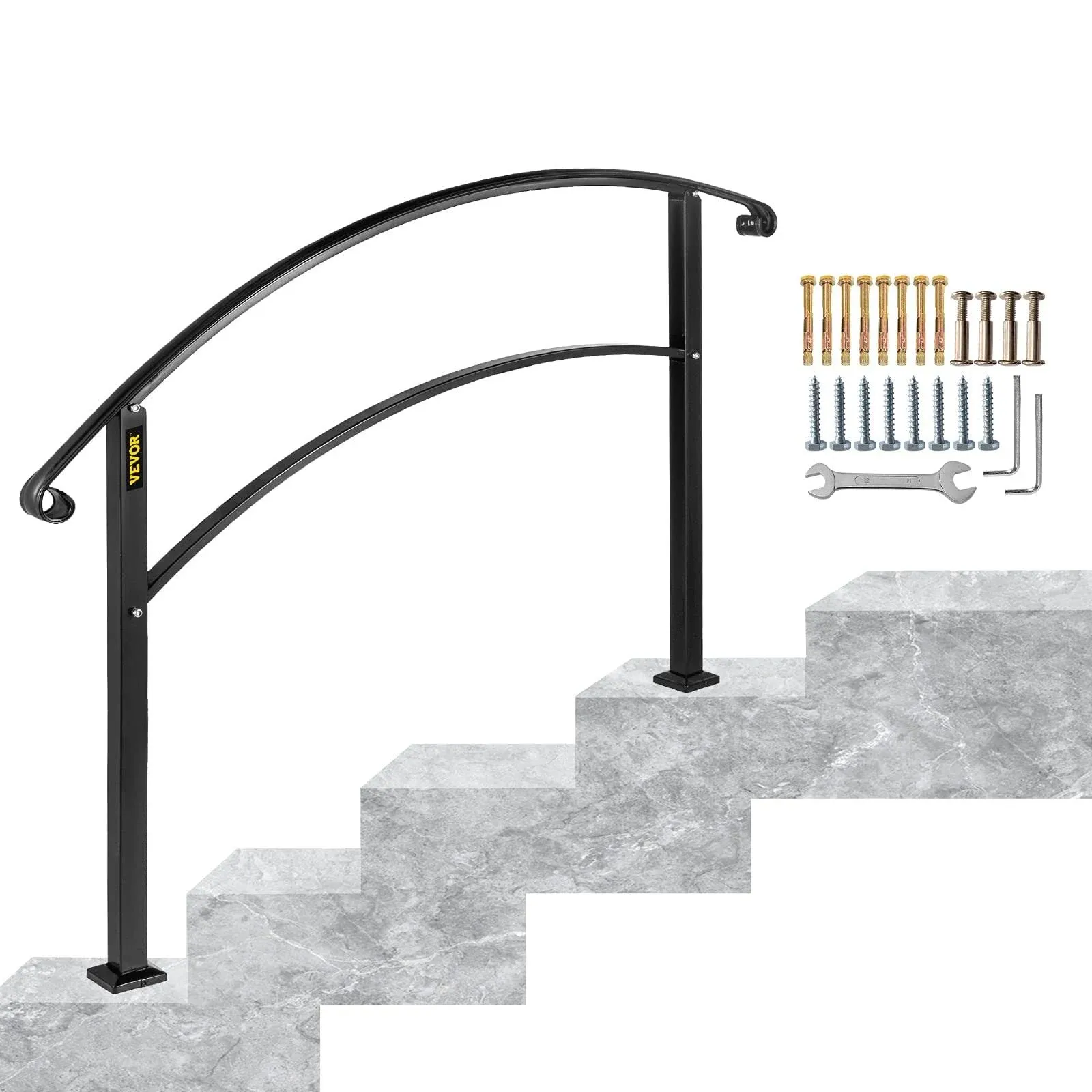 Happybuy 4-Step Handrail fits 1 or 4 Steps Matte Black Stair Rail Wrought Iron Handrail with Installation Kit Hand Rails for Outdoor Steps