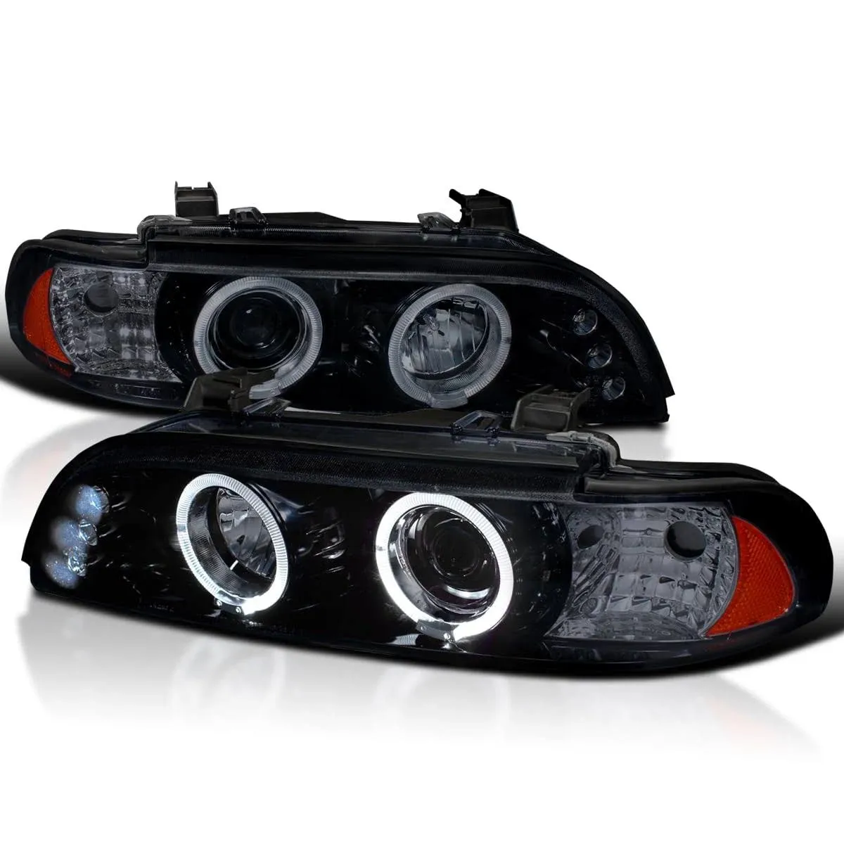 1996-2003 BMW E39 5 SERIES SMOKE LENS DUAL HALO PROJECTOR HEADLIGHTS W/ LED DRL