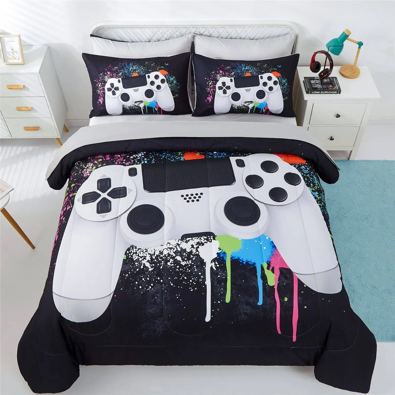 KAKKI 5 Piece Boys Full/Queen Gamer Comforter Set with Sheets 3D Colorful Video