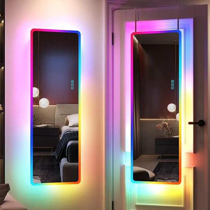 LVSOMT 47"x16" Full Length Mirror with Lights, RGB Color Changing Lighted Mirror, Wall Mounted Full Body Mirror, Over The Door Hanging Mirror, 14 LED Light + Dimmable Brightness + Adjustable Speed