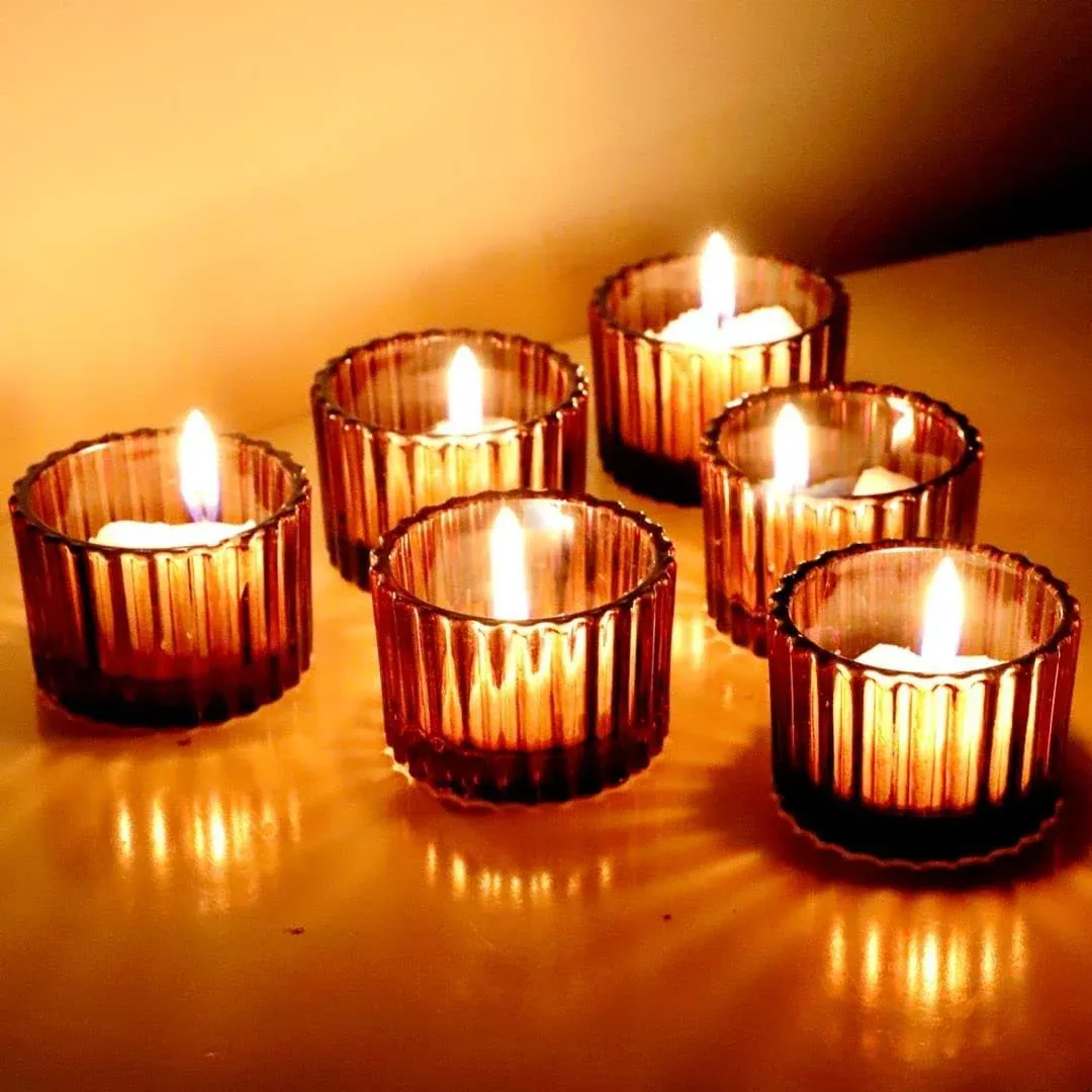 Amber Tealight Candle Holder Set of 12, 2&#039;&#039; x 1.4&#039;&#039; Glass Brown Small Votive 