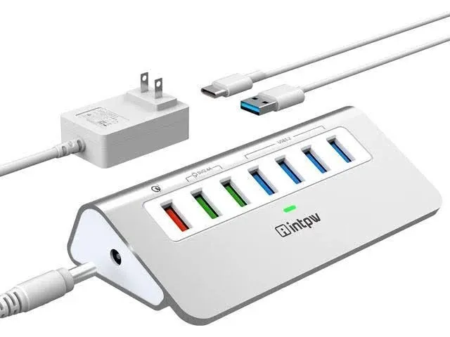 Powered USB 3.2 Hub 10Gbps,7 Port USB Data Hub USB Splitter with 4 USB 3.2 Gen2 Data Ports,3 Fast Charging Ports,30W Power Adapter,Type A & C Cable, Aluminum Powered USB C Hub for Computer,PC,Laptop