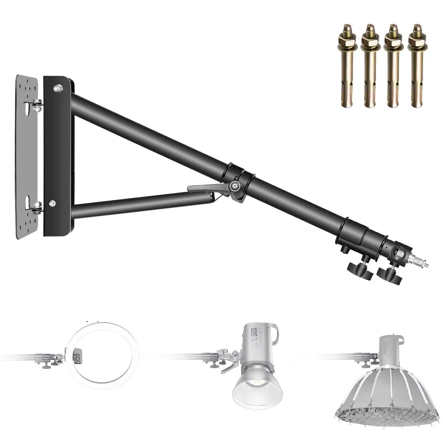 Neewer Wall Mounting Triangle Boom Arm for Ring Light, Monolight, Softbox, Reflector, Umbrella, and Photography Strobe Light, Support 180 Degree Rotation, Max Length 5.9 feet/180cm (Black)